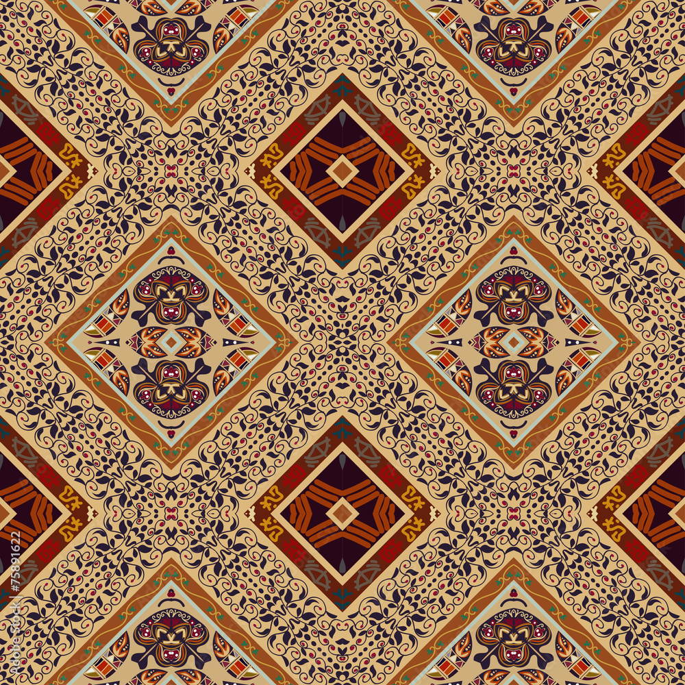 Colorful seamless background with floral patterns and beige rhom