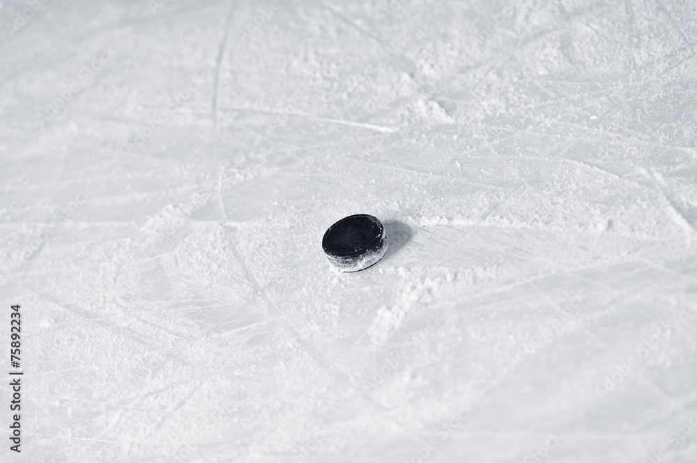 Fototapeta premium Hockey puck on the surface of ice rink