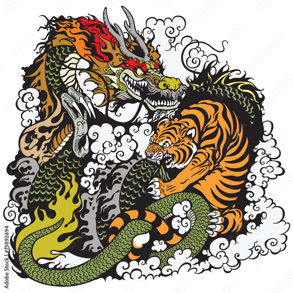 Fototapeta dragon and tiger fight