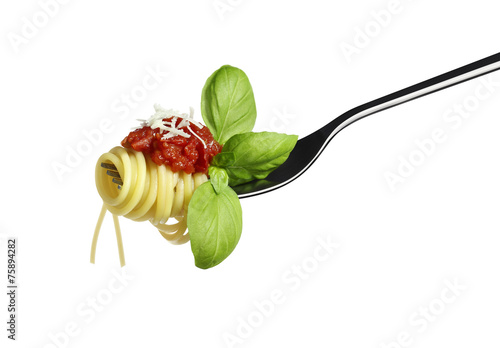 spaghetti pasta fork with tomato basil Parmesan 