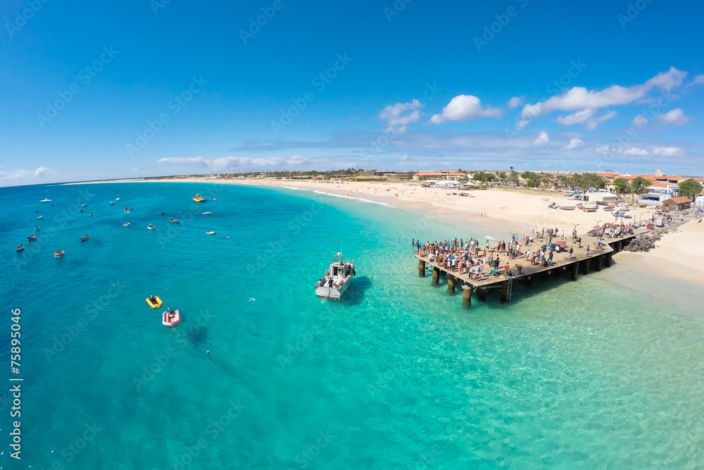 Fototapeta premium Aerial view of Santa Maria beach in Sal Cape Verde - Cabo Verde
