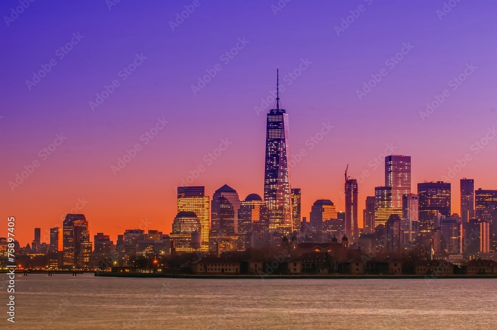 New York City Manhattan midtown panorama at dusk with skyscraper
