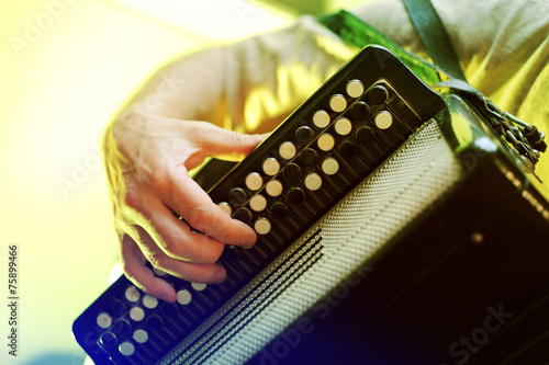 Quadro su tela Image of musician playing on accordion closeup