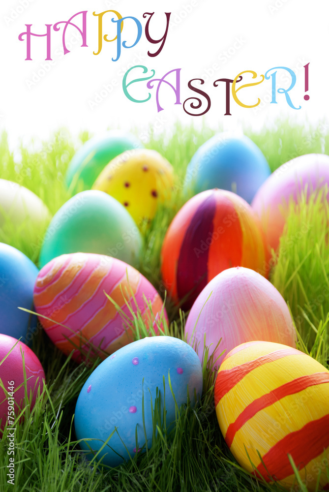 Many Colorful Easter Eggs On Green Grass With Text Happy Easter