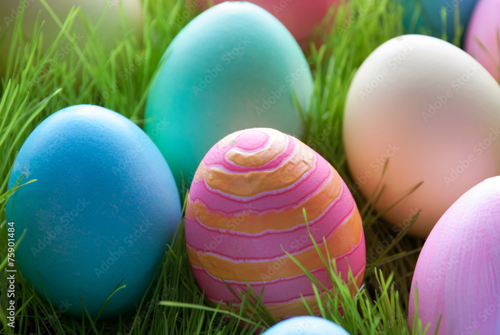 Easter Eggs On Green Grass Which Are Colorful