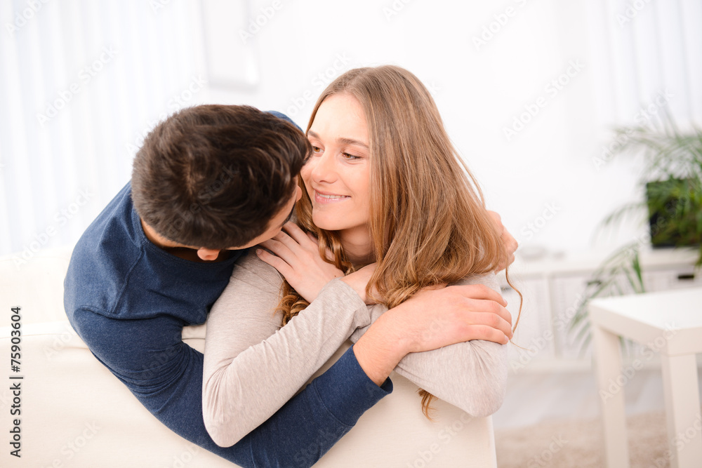 lovely cheerful young couple man woman happy together at home lovely cheerful young couple man woman happy together at home