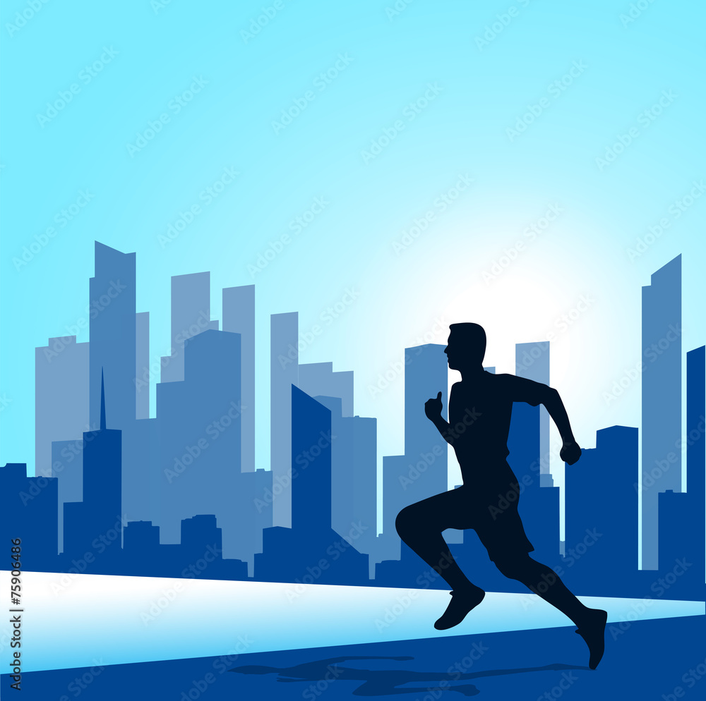 running man against the city. silhouette of the sprinter running man against the city. silhouette of the sprinter