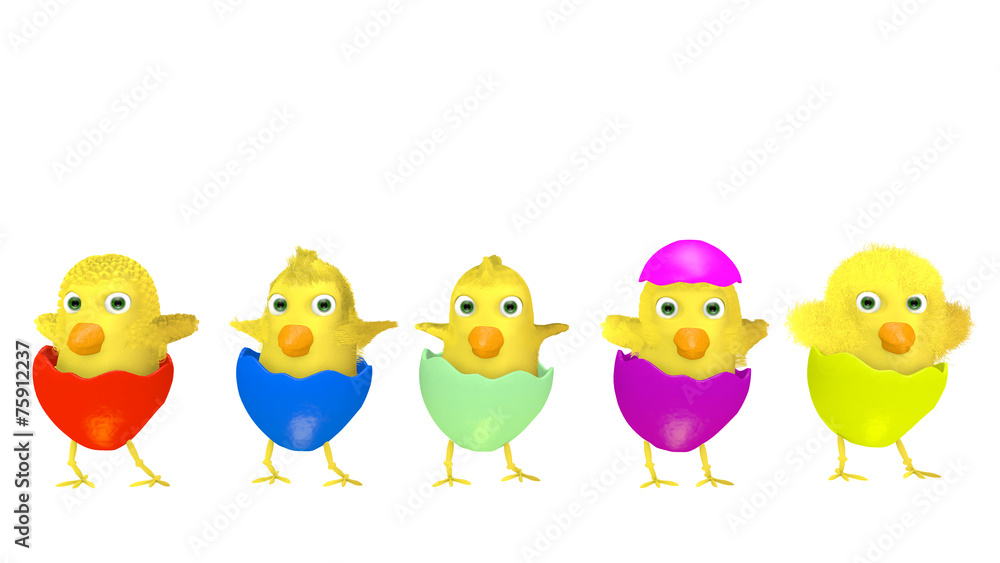 Group of amusing Easter chickens on white background
