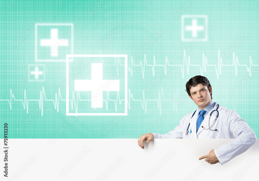 Doctor with banner Doctor with banner