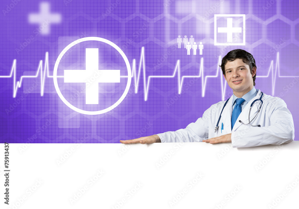 Doctor with banner Doctor with banner
