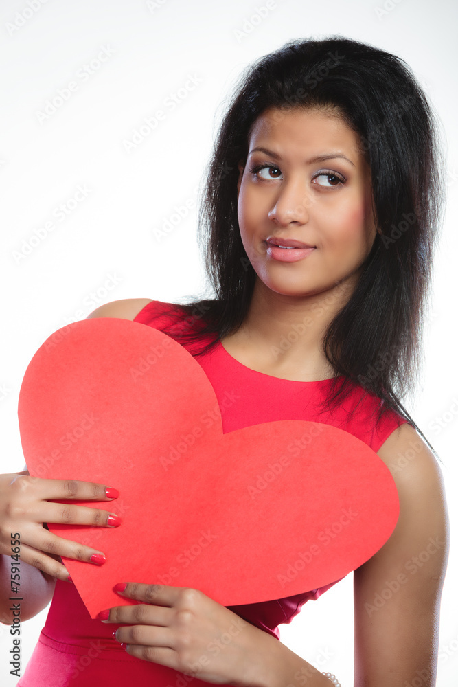 Girl mixed race with paper red heart Girl mixed race with paper red heart