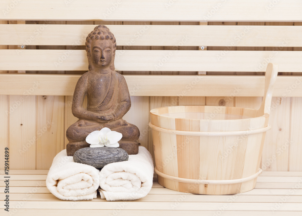buddha statue and spa items in sauna, relaxation background Stock Photo |  Adobe Stock