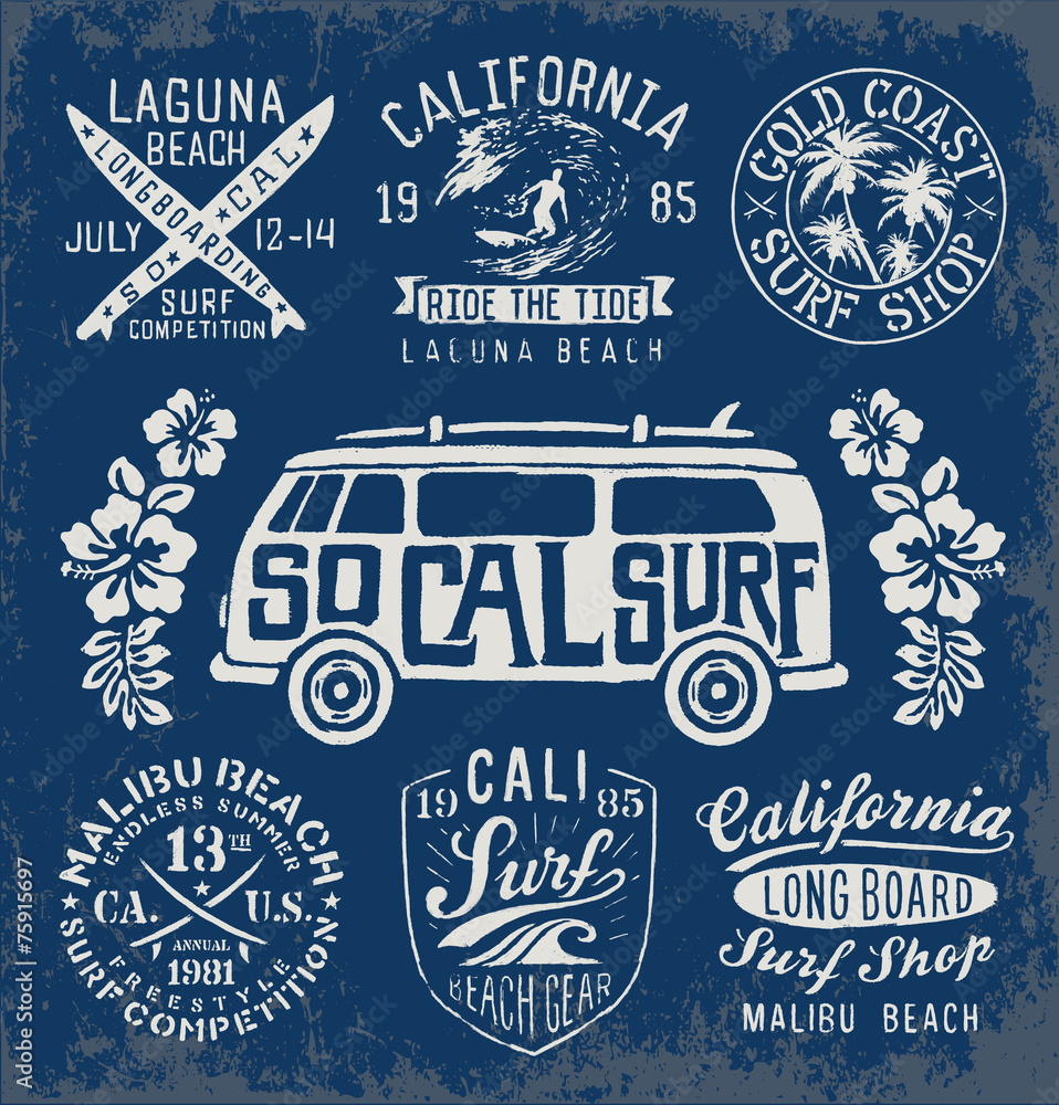 Set of Vintage Surfing Graphics and Emblems - obrazy, fototapety, plakaty 
