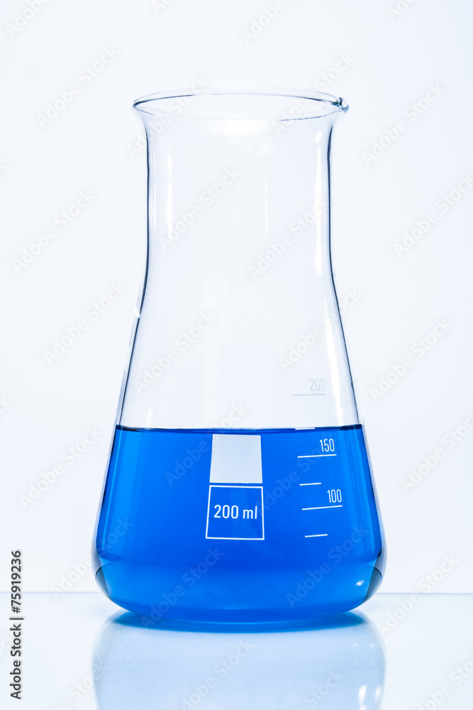 Conical temperature resistant flask with blue liquid Conical temperature resistant flask with blue liquid