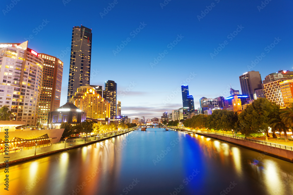 View of Yarra river in Melbourne at night
