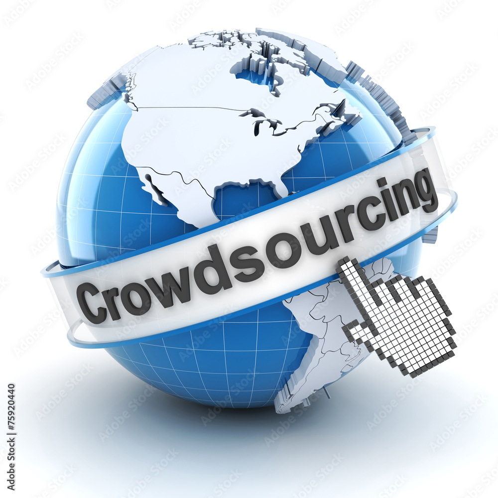Crowdsourcing symbol with globe and cursor, 3d render Crowdsourcing symbol with globe and cursor, 3d render