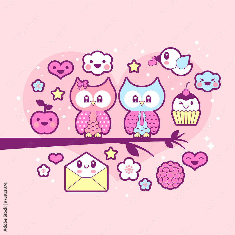 Valentine's day kawaii icon set with cute owls