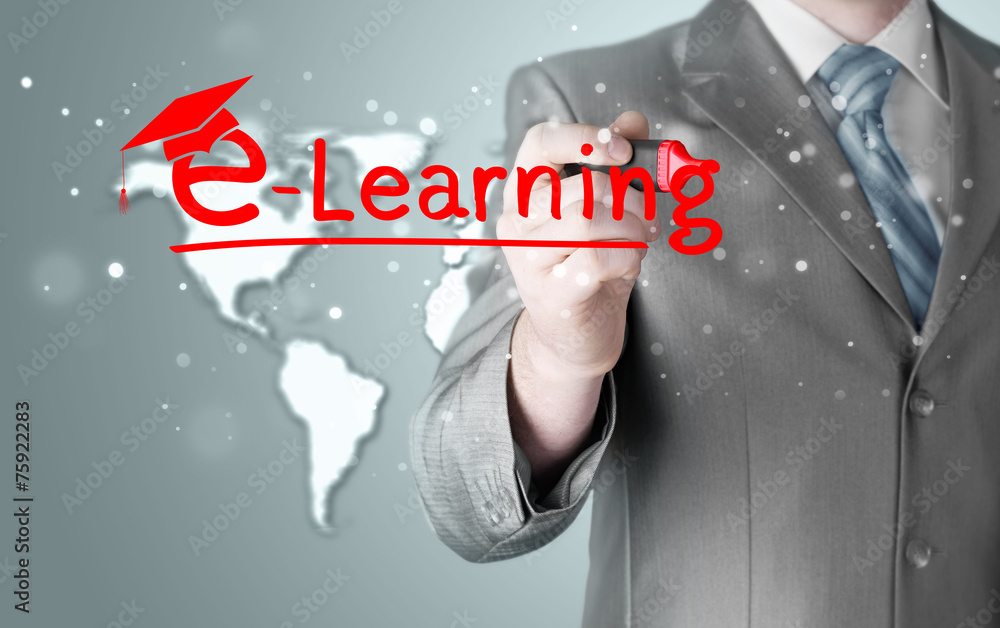 business man writing e-learning concept business man writing e-learning concept