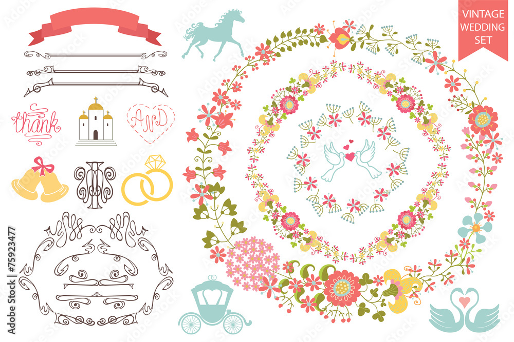 Naklejka premium Vintage wedding set.Floral wreath,icons, swirling border