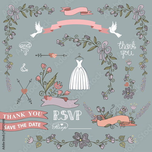 Bridal shower template set.Floral decor elements photo