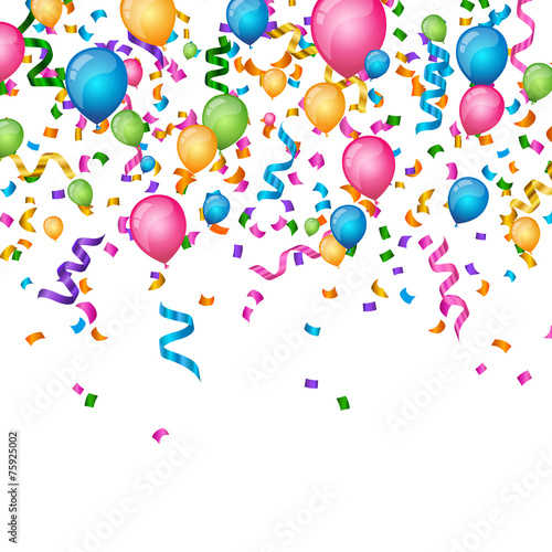 Vector Party Background with Confetti Curly Ribbons and Balloons