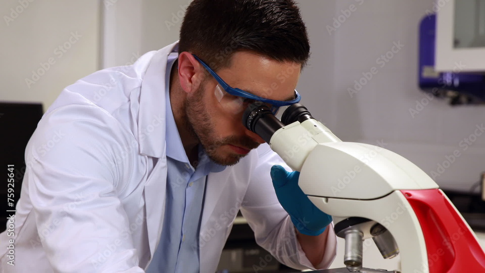 Young scientist looking through microscope in the lab Young scientist looking through microscope in the lab