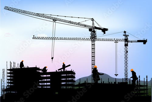 five workers and two cranes building house