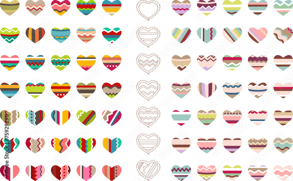 Big set with different stylized hearts