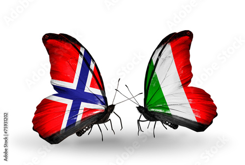 Two butterflies with flags Norway and Italy