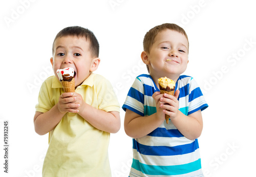 funny children or kids  little boys eat ice-cream isolated on