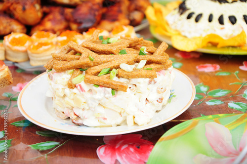 russian festive dish with mayonnaise and crackers