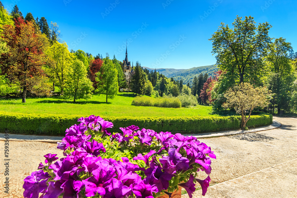 Ornamental garden and palace,Peles castle,Sinaia,Romania Ornamental garden and palace,Peles castle,Sinaia,Romania