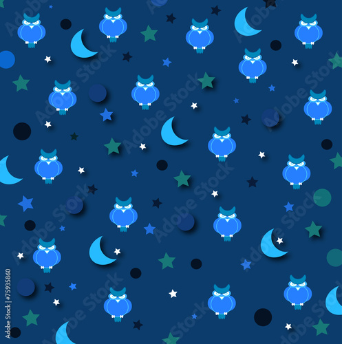 night print with stars owl  and moon on blue texture photo