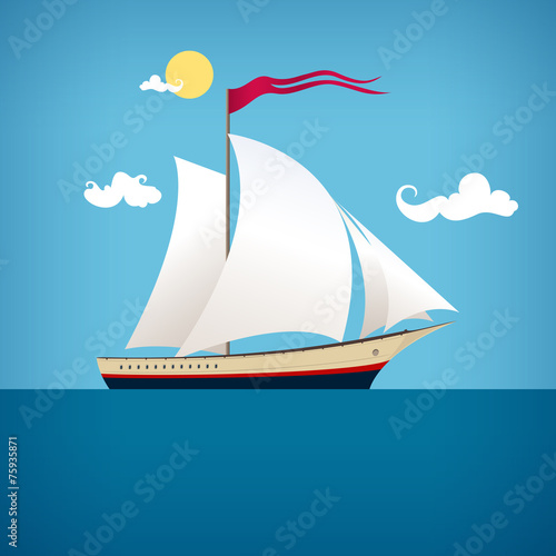 Sailing vessel in the  blue ocean, vector illustration