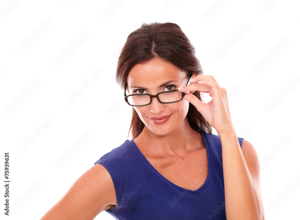 Cheerful woman in purple dress looking over Cheerful woman in purple dress looking over