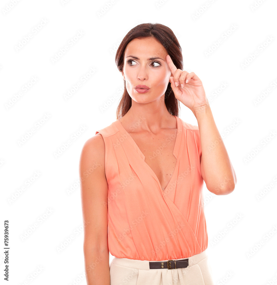 Hispanic lady looking to her right wondering Hispanic lady looking to her right wondering