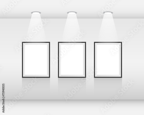 Interior art gallery with frames and spotlights