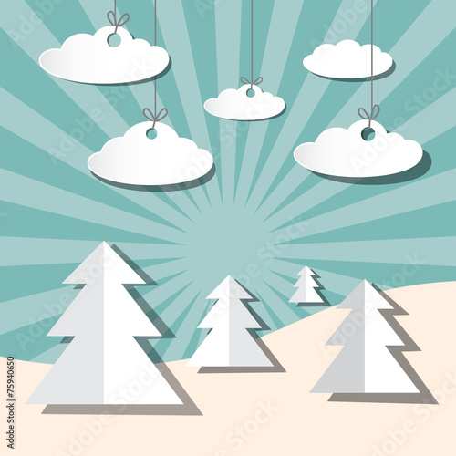 Paper Winter Vector Landscape with Trees and Clouds