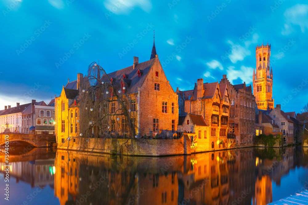 Cityscape with a tower Belfort from Rozenhoedkaai in Bruges at s