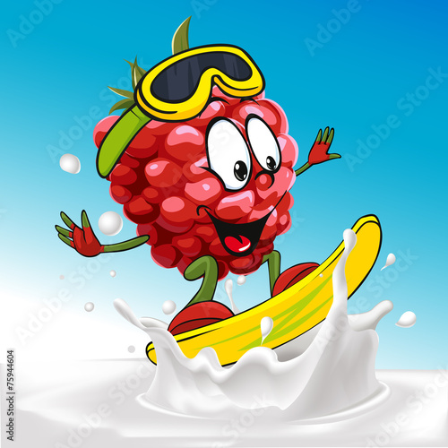funny raspberry cartoon surfing on milk splashing