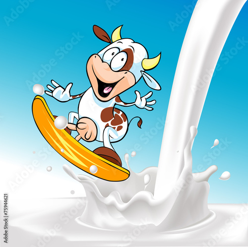 funny cow surfing on milk splash - blue background