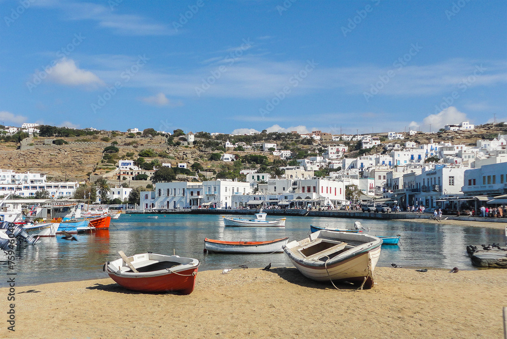 Cove on the island of Mykonos town with fishing boats