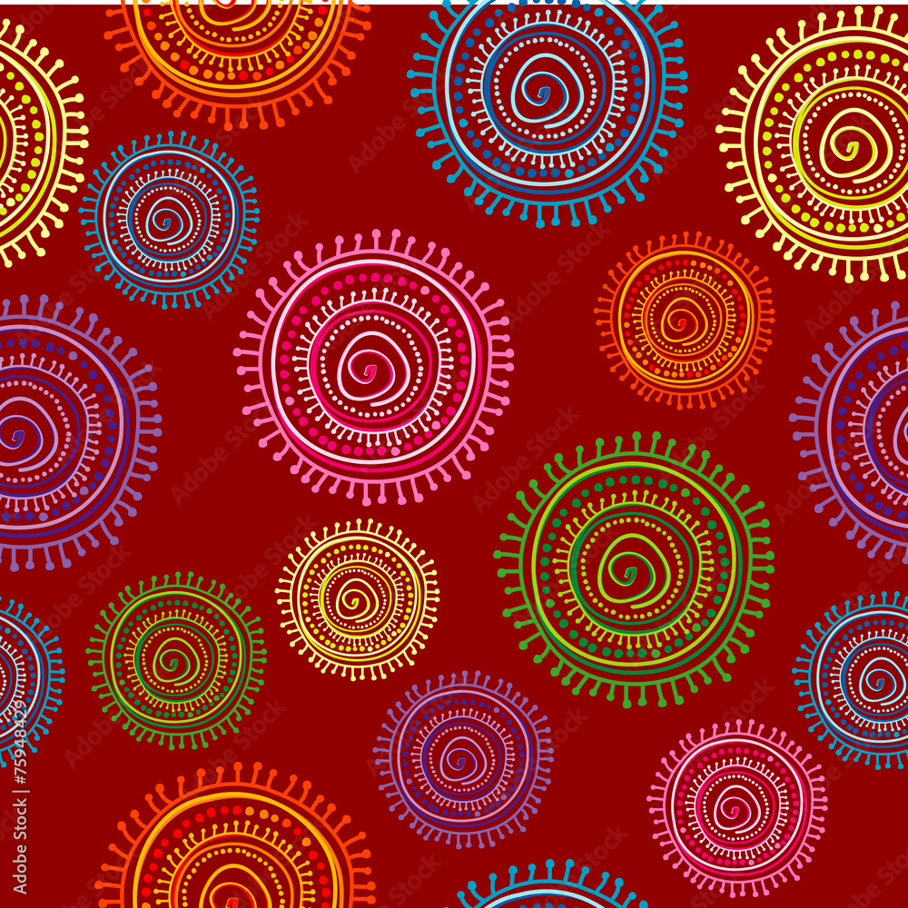 Ethnic seamless pattern in bright color with circular shapes Ethnic seamless pattern in bright color with circular shapes