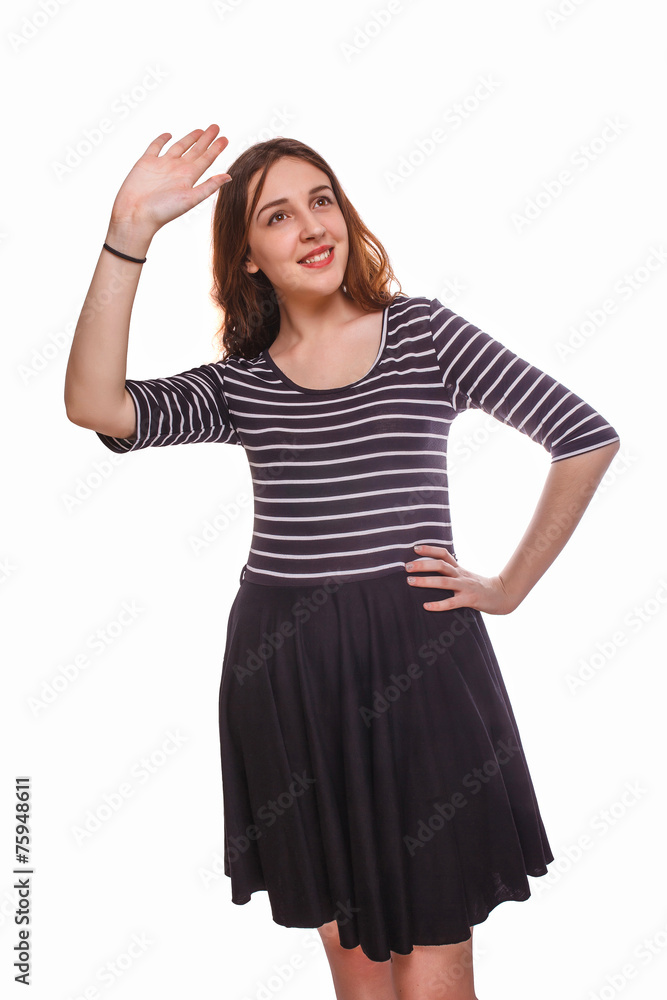 woman says goodbye waving isolated white background woman says goodbye waving isolated white background