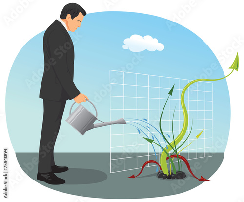 Businessman watering green and red plant arrow