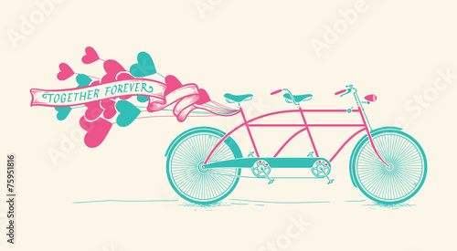 Together forever - vintage tandem bicycle with hearts balloons