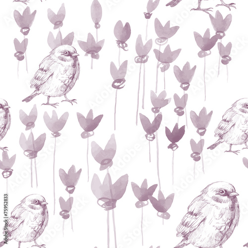pencil sketch seamless pattern with flowers and bird © vavavka