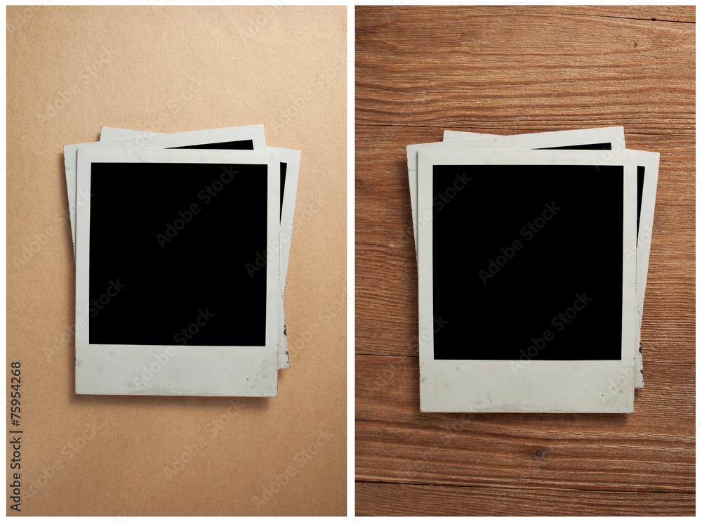 Old photo frames on the old paper and wooden background Old photo frames on the old paper and wooden background