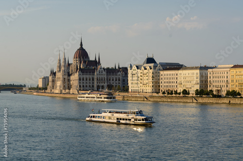 Photography Hungarian parliament along Danube river in Budapest