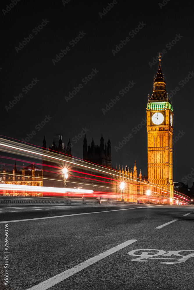 Big Ben and night traffic on Westminster Bridge